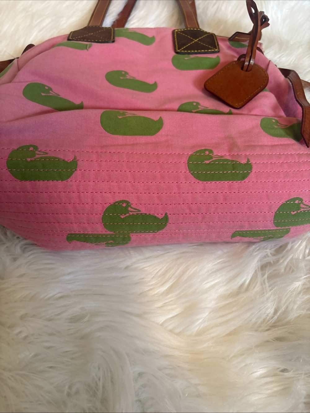 Dooney & Bourke Pink Canvas Tote with Green Duck Motif Brown Leather Trim preppy - Picture 6 of 8